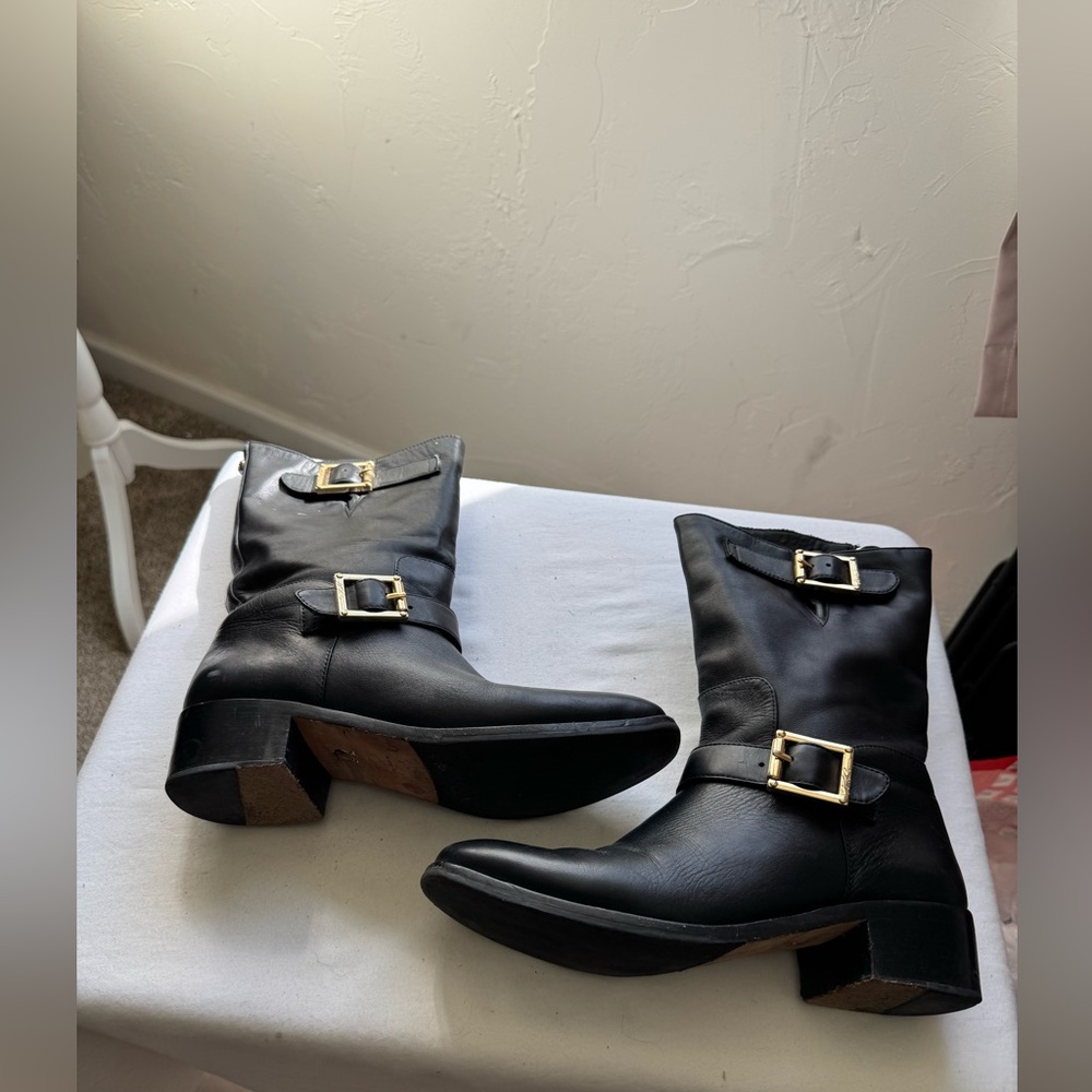 Vero Cuoio Black Leather Mid-Calf Heeled Boots with Gold Buckles Size 7
